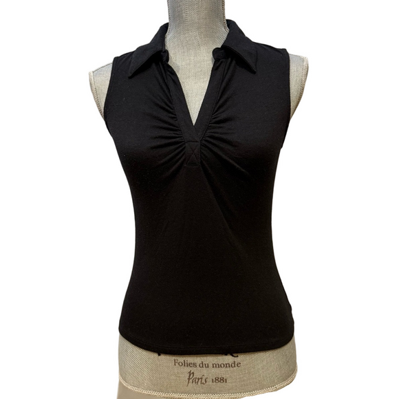 Vintage “Liquid” Black sleeveless collared top with ruched detail, Sz S - Picture 2 of 8
